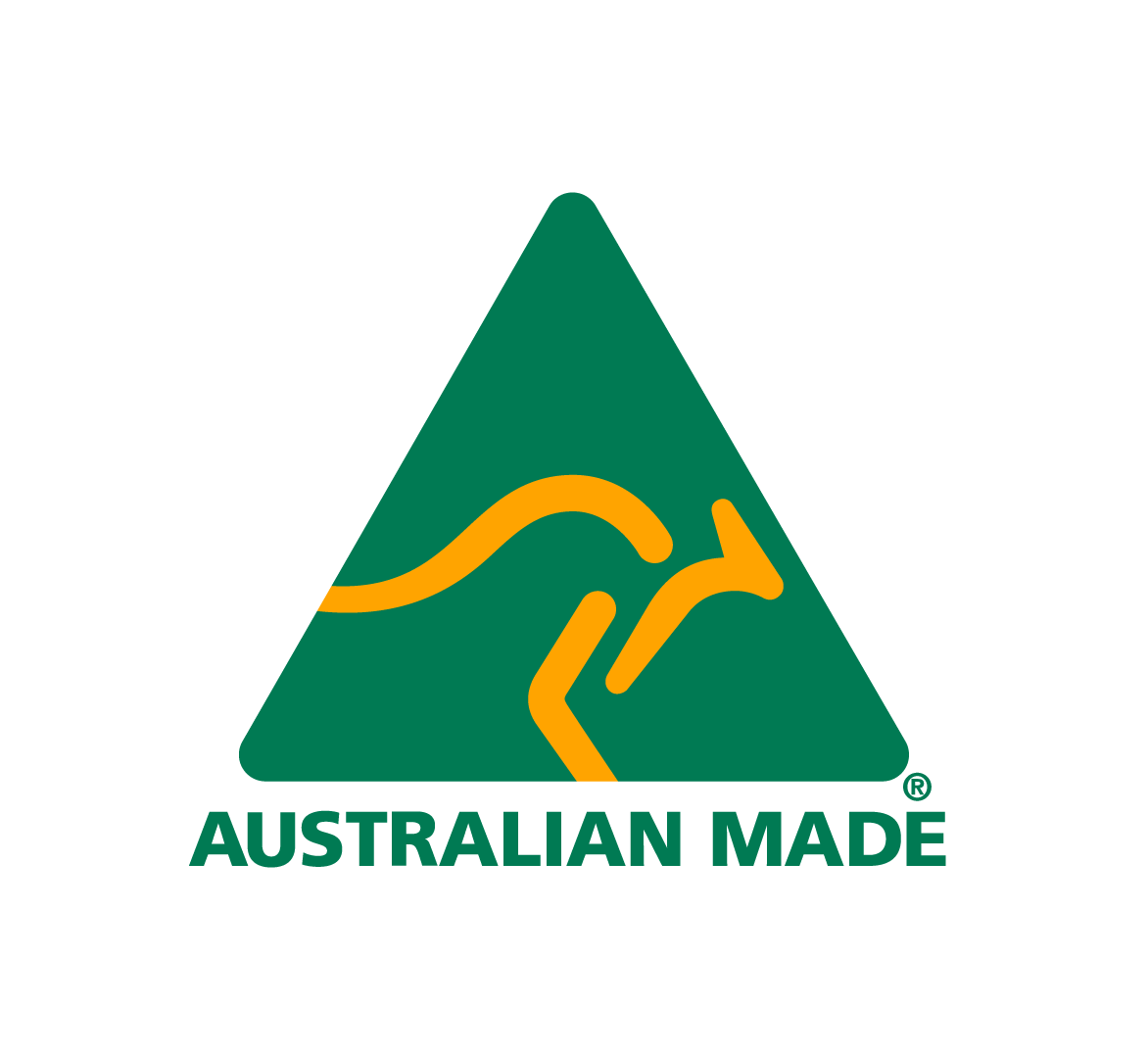 The Australian Made certification logo, the green and gold kangaroo.